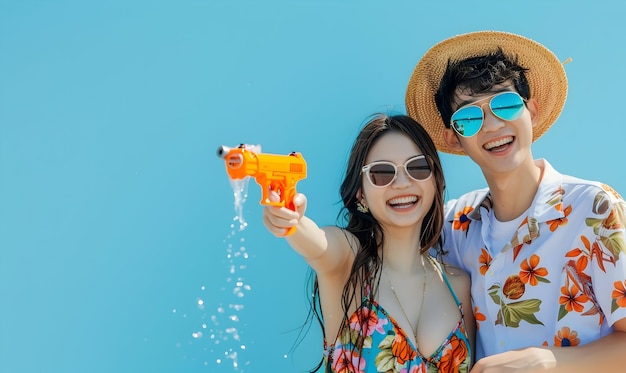Ganzkörperbild eines glücklichen asiatischen Paares beim Songkran-Tag-Festival