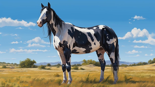 Ganzkörperbild eines Paint Horse, das anmutig auf einem Feld unter dem blauen Himmel steht