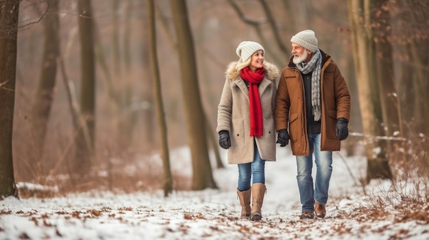 Ganzkörperfoto eines zufriedenen älteren Paares, das im Winter einen Spaziergang durch einen Wald genießt und dabei einander ansieht. Die generative KI