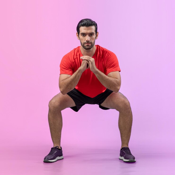 Foto ganzkörperlänge, fröhliche schüsse, athletischer, sportlicher mann mit kickposition.