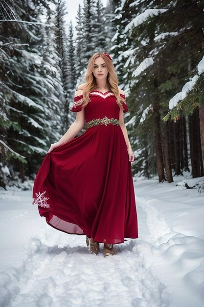 Ganzkörperporträt eines jungen Mädchenmodells in einem langen roten Kleid mit Stickerei in einem Weihnachtswald