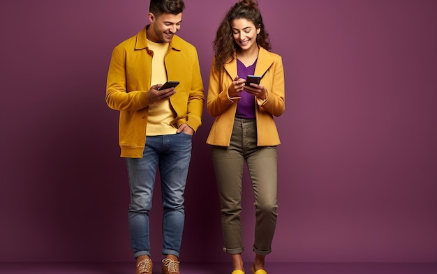 Ganzkörperporträt eines jungen Paares auf violettem Hintergrund
