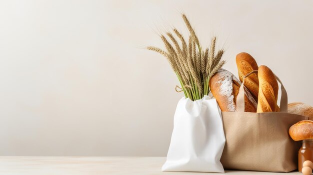 Ganzmehl und Brot in einer Tasche auf einem Tisch mit Kopierplatz