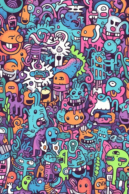 Un garabato colorido de muchos monstruos y monstruos.