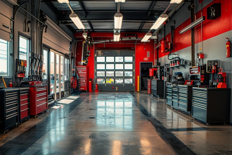Foto garage einer tankstelle mit verschiedenen werkzeugen und ausrüstungen für wartung und reparaturen