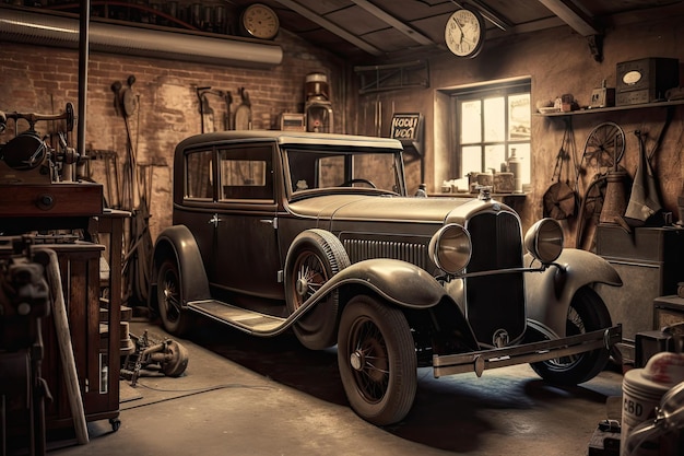 Foto garagem antiga com carro clássico e ferramentas penduradas nas paredes criadas com ai generativa