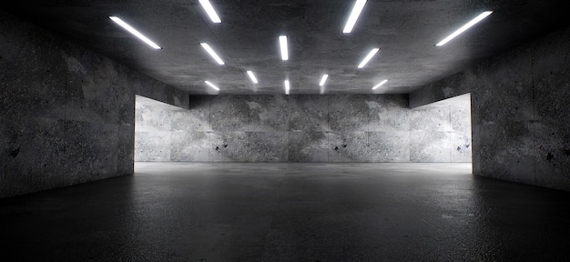 Garagem Cimento Sci Fi Concreto Grunge Escuro Estúdio subterrâneo hangar Estacionamento Carro Showroom Fundo Ilustração de renderização 3D futurista