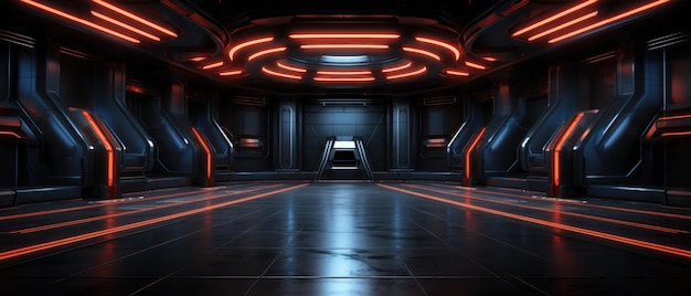 Garagem escura futurista fundo sala vazia com luz laranja interior de salão ou estúdio moderno abstrato Conceito da indústria de tecnologia de naves espaciais futuras