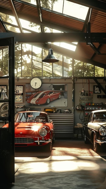 Foto un garaje de automóviles iluminado por el sol con automóviles antiguos, ilustración generada por la ia