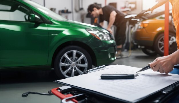 En un garaje un mecánico de automóviles está trabajando en un vehículo Trabajo de reparación trabajando como mecánico de automóviles