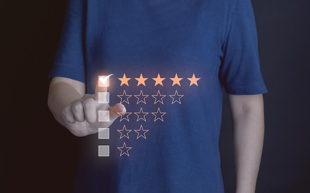 Garantía de satisfacción El cliente da 5 estrellas de calificación de revisión Excelente mejor rendimiento de retroalimentación Participación del cliente con emoción positiva Clasificación del producto Excelencia de elección Perfección de encuesta de comprobación