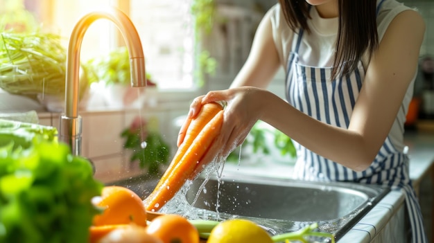 Garantizar la seguridad y la salud Una mujer asiática da prioridad a las verduras libres de COVID19 en medio de su rutina de limpieza