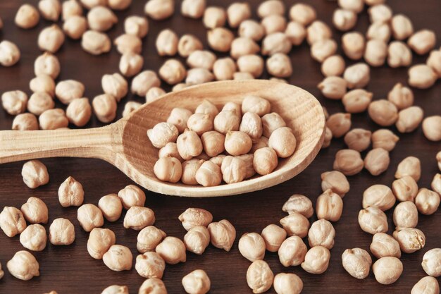 Garbanzos crudos en una cuchara de madera esparcidos sobre un fondo de madera