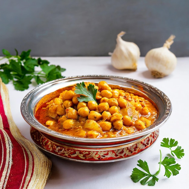 GARBANZOS MASALA Chole masala curry tradicional del norte de India almuerzo cena fondo blanco