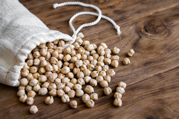 Garbanzos secos en una bolsa textil sobre una mesa de madera.