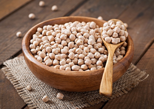 Garbanzos en un tazón de madera sobre fondo de madera de cerca