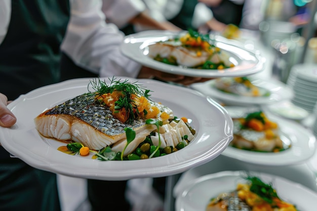 Garçom carregando pratos com prato de peixe em alguma festa de evento festivo ou restaurante de recepção de casamento