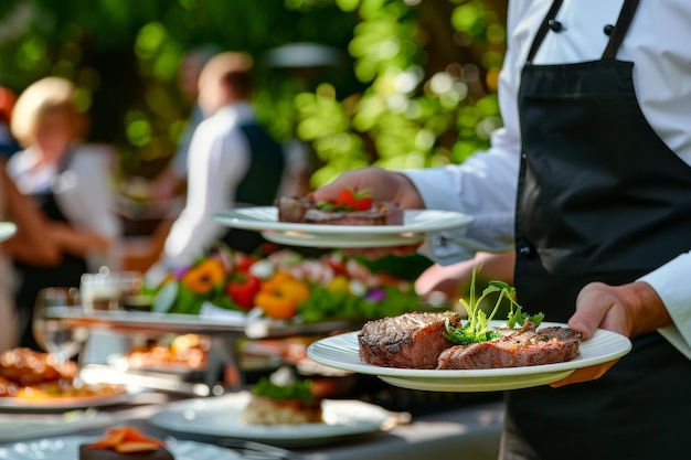 Garçom equilibrando pratos cheios de deliciosos pratos de carne para jantares