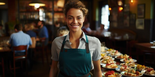 Garçom feliz em um restaurante em close-up Foto de alta qualidade IA generativa