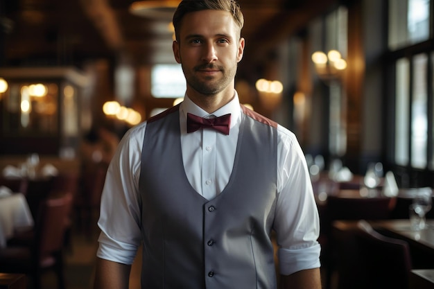 Garçom masculino bonito de uniforme no restaurante