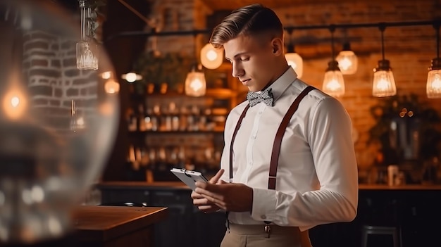 garçom masculino fica no fundo do restaurante anota o pedido em um caderno