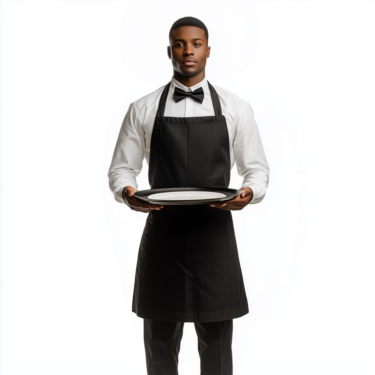 Foto garçom profissional em uniforme elegante segurando uma bandeja com um sorriso caloroso em um cenário formal de jantar