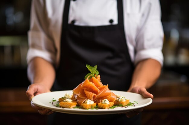 Foto garçom servindo um prato de salmão fumado em um restaurante