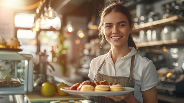 Garçonete alegre exibindo cafés ofertas deliciosas IA geradora