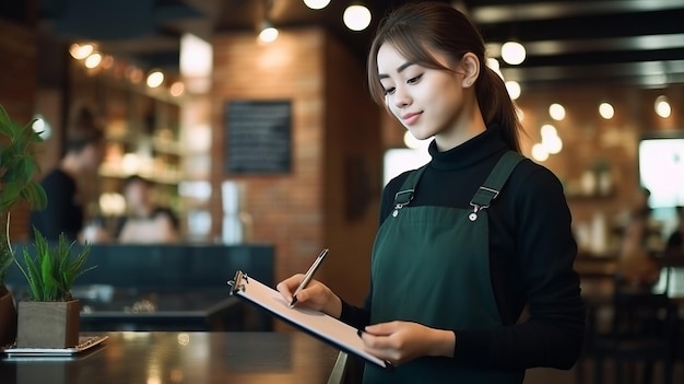 garçonete asiática fica no fundo do restaurante anotando o pedido em um caderno