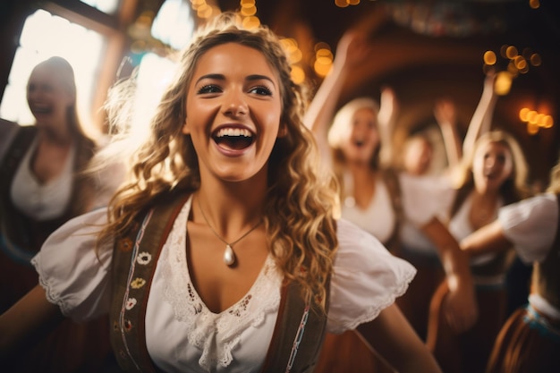 Garçonete do Oktoberfest se divertindo e dançando em um evento do festival de cerveja vestindo um traje tradicional