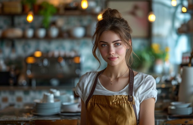 garçonete em pé em um café interno com dispositivo ligado