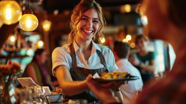 Garçonete feliz servindo comida a um grupo de amigos em um pub