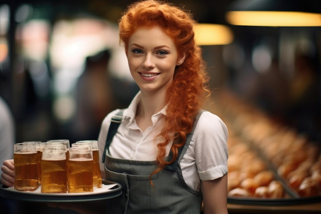 Garçonete ruiva bonita com uma bandeja de cerveja na Oktoberfest