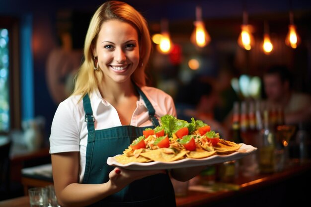 Foto garçonete servindo nachos em um restaurante mexicano