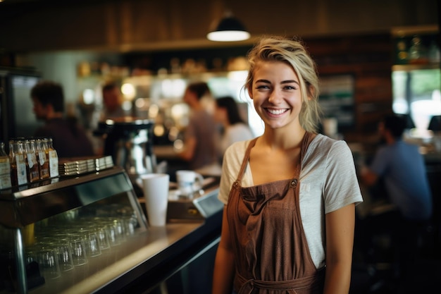 Garçonete sorridente em um avental de pé em um bar de madeira em um café aconchegante