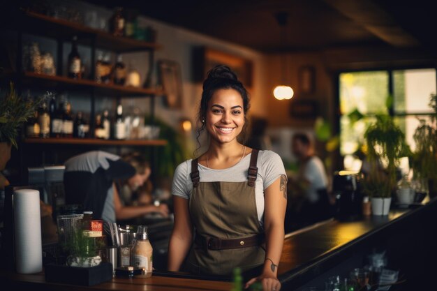 Garçonete sorridente em um avental de pé em um bar de madeira em um café aconchegante