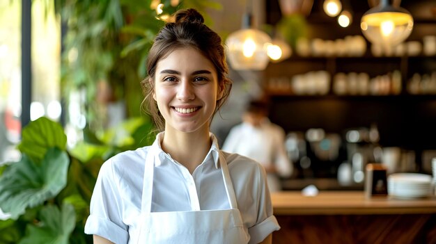 Garçonete sorridente em um restaurante com iluminação ambiente