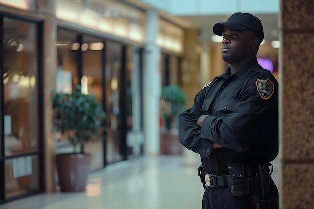 Foto garda de segurança vestida de preto vigia a entrada do shopping concept security guard roupa preta entrada do shopping