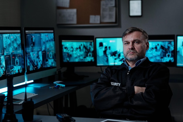 Garda de seguridad masculina seria por lugar de trabajo