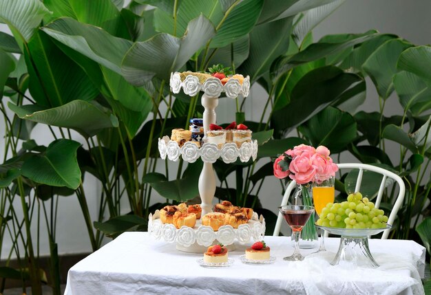 Garden High Tea party con pastel de galletas y frutas