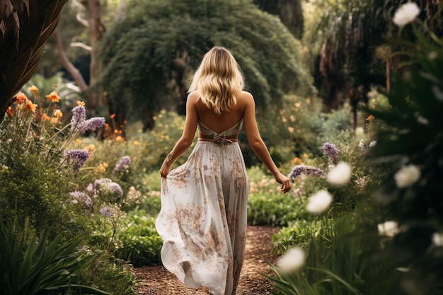 Garden Reverie Blonde Muse en vestido floral en medio de una exuberante vegetación