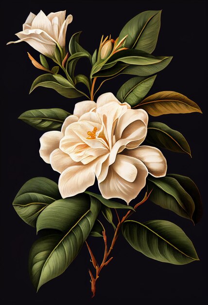 Gardenia Flor Ilustración botánica Jasminoides Flores Pintura realista Resumen Generativo AI Ilustración