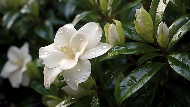 Gardenie, nachdem weiße Blumen wachsen, Augusta-Jasmin-Bild. Ai erzeugte Kunst