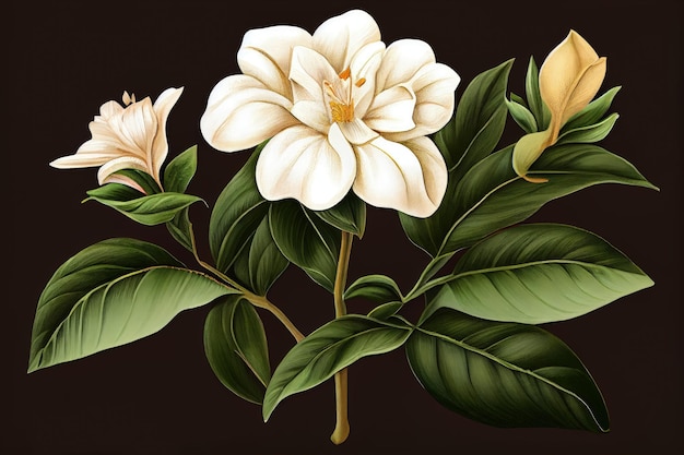 Gardenienblume Botanische Illustration Jasminoides Blumen Realistische Malerei Abstrakte generative KI-Illustration