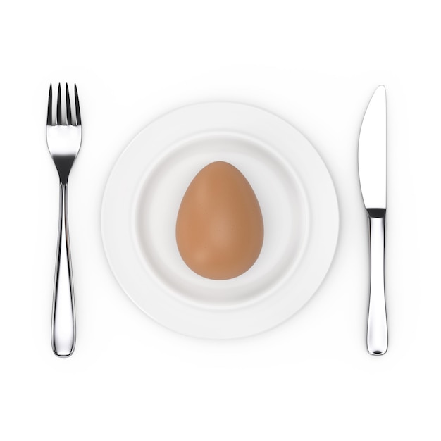Garfo e faca perto de prato com vista superior de ovo de galinha marrom renderização em 3d