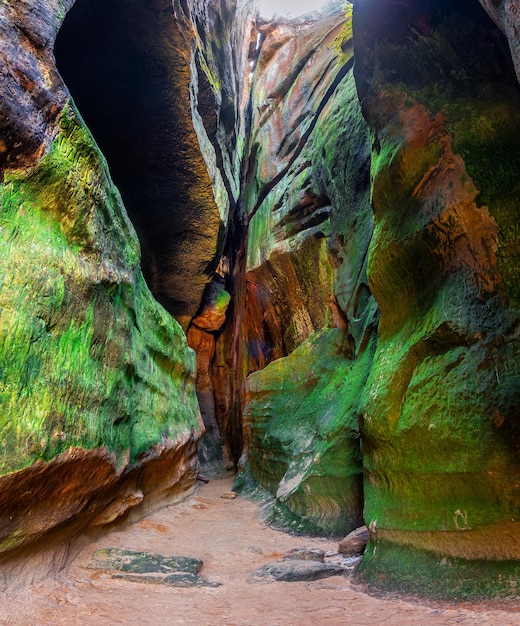 Foto garganta de piedra enorme nombrada como rocas de dovbush, ucrania.