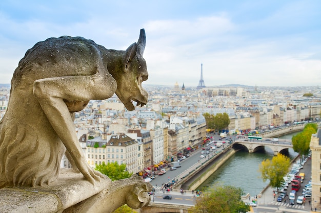 Foto gárgola de parís en la iglesia de la catedral de notre dame, francia