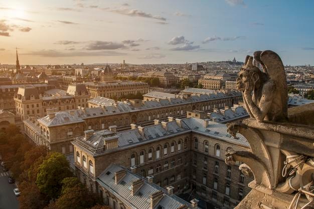 Gargoyle-Skulptur auf Notre Dame de Paris in der Stadt bei Sonnenuntergang