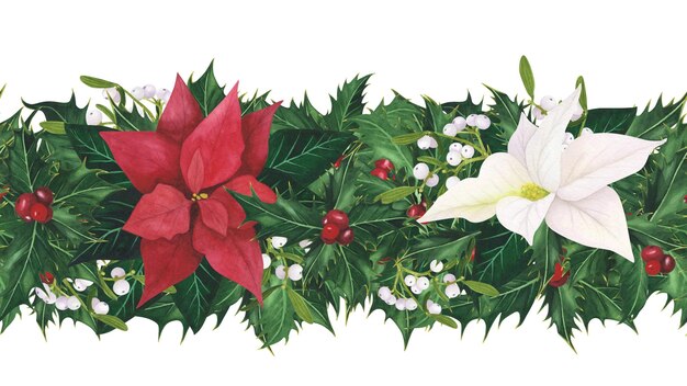 Garlandas de borda sem costura com folhas de holly de Natal bagas poinsettia visco isolado em fundo branco Aquarela bordas desenhadas à mão Ilustração para design decoração cartão de saudação