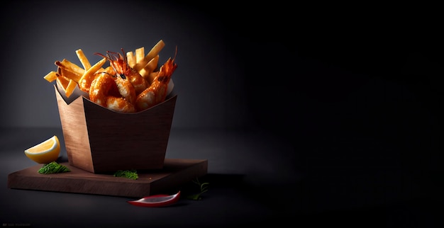 Garnelen Hummer im Holzbrett realistisches 3D, Produktvitrine für Lebensmittelfotografie
